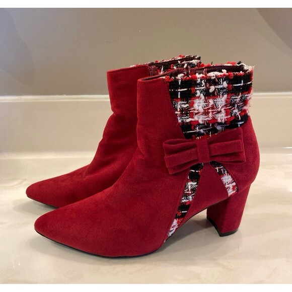 Allegra K Booties Tweed Plaid Faux Suede Ankle Boots Burgundy Sz 7 Chunky Heel - Picture 4 of 12